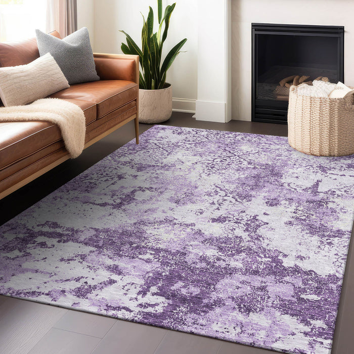 8' X 10' Abstract Washable Area Rug With UV Protection - Lavender And Ivory