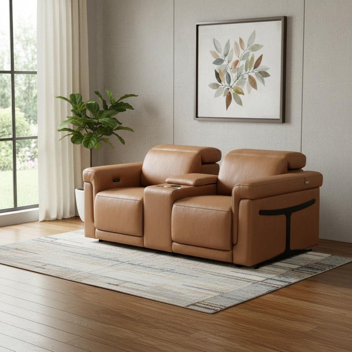 Italian Leather Power Reclining Loveseat With Storage (720528) - Chestnut / Black