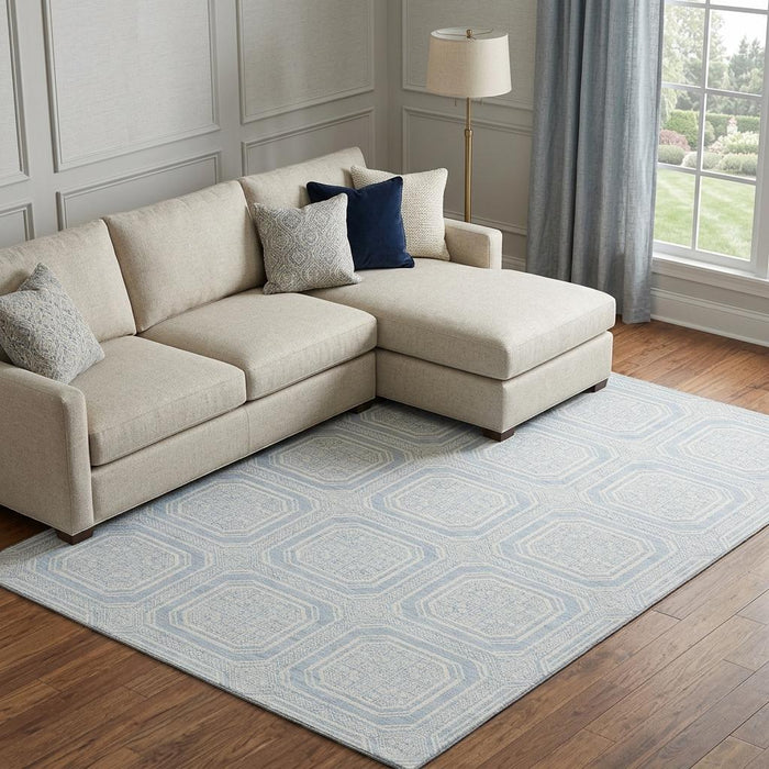 10' X 14' Geometric Washable Area Rug With UV Protection (693834) - Sky Blue / Ivory