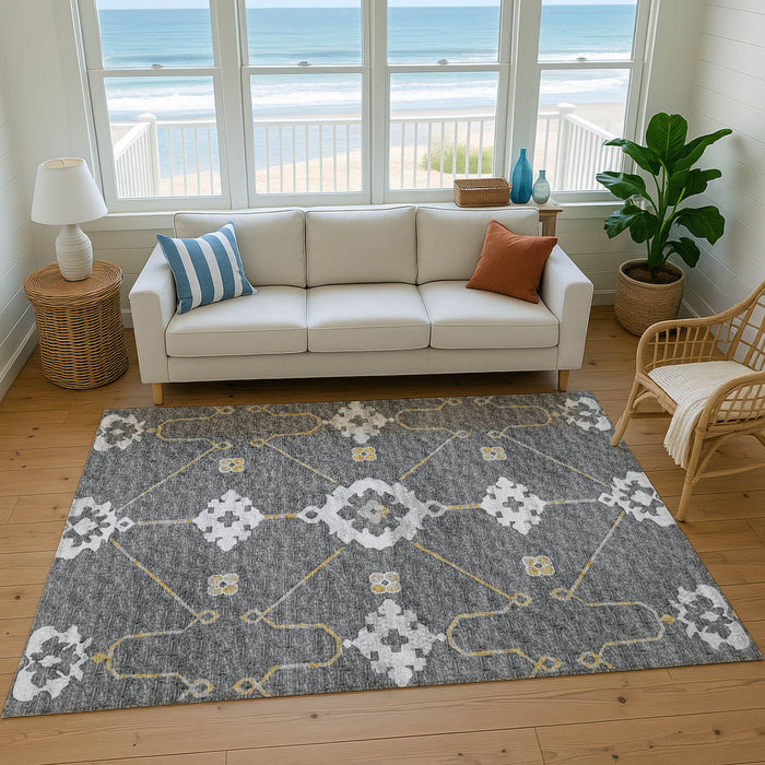 10' X 14' Transitional Floral Medallion Washable Area Rug With UV Protection - Gray