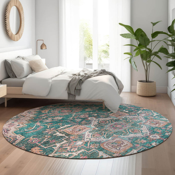 8' Floral Medallion Washable Round Rug With UV Protection - Emerald