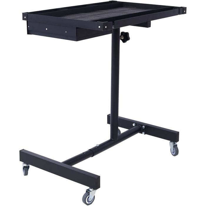 Giga adjustable tear down work table with drawer, heavy-duty steel, rubber corners, four swivel casters, and 220 lb capacity.