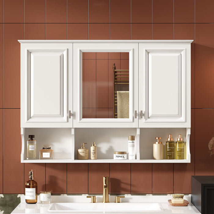 Giga modern wall-mounted medicine cabinet with open shelves, adjustable interior, and storage over toilet, in a bathroom setting