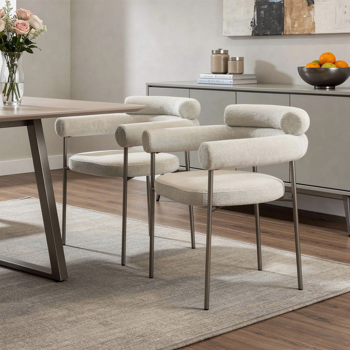 Gunmetal Boucle Stainless Steel Open Back Dining Arm Chairs (Set of 2) - Light Gray
