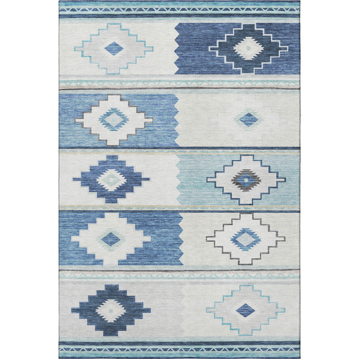 9' X 12' Southwest Geometric Washable Area Rug With UV Protection - Blue And Ivory