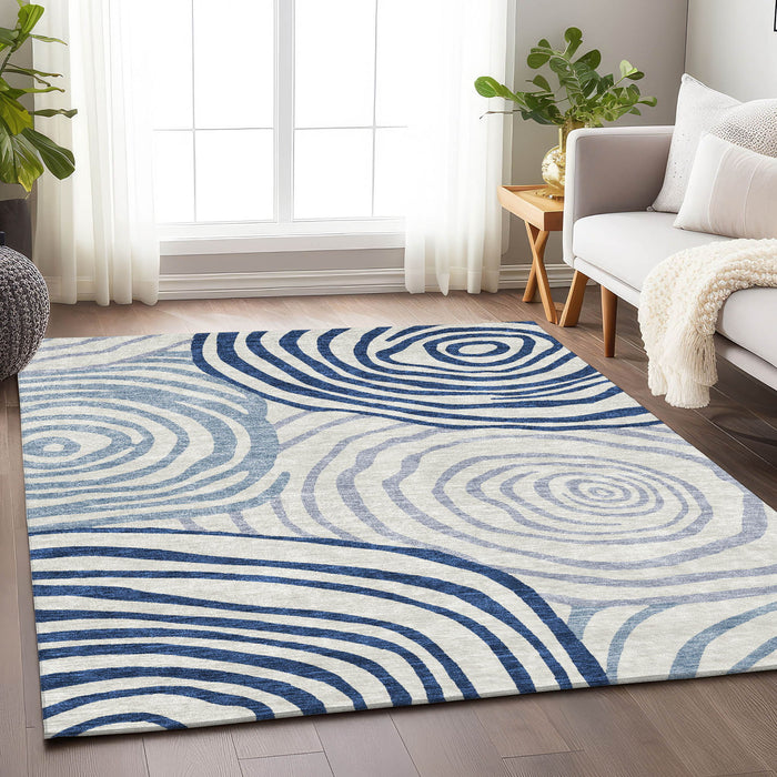 10' X 14' Abstract Polyester Washable Area Rug With UV Protection - Blue And Ivory