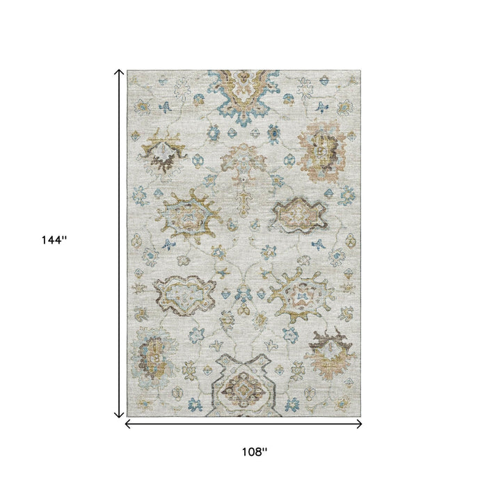 9' X 12' Floral Medallion Distressed Washable Area Rug With UV Protection (644621) - Linen / Blue / Coffee