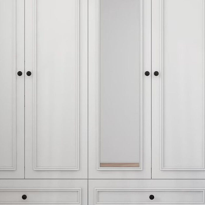 White 71-inch carved geometric four-door dresser with four drawers from HomeRoots, featuring a stylish wardrobe design.