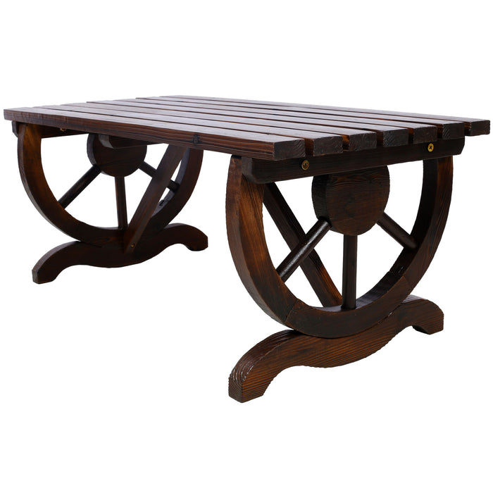 Rustic wooden bench with wagon wheel legs by Giga, ideal for garden or patio seating, featuring a brown finish and natural wood texture.