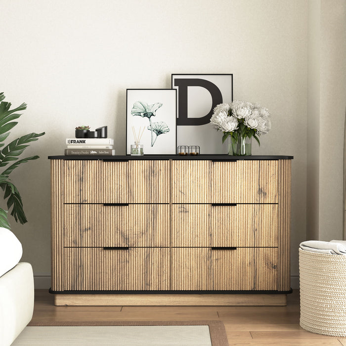 Giga modern accent cabinet with six drawers, natural wood finish, metal rounded corners, and elegant handles for stylish storage.