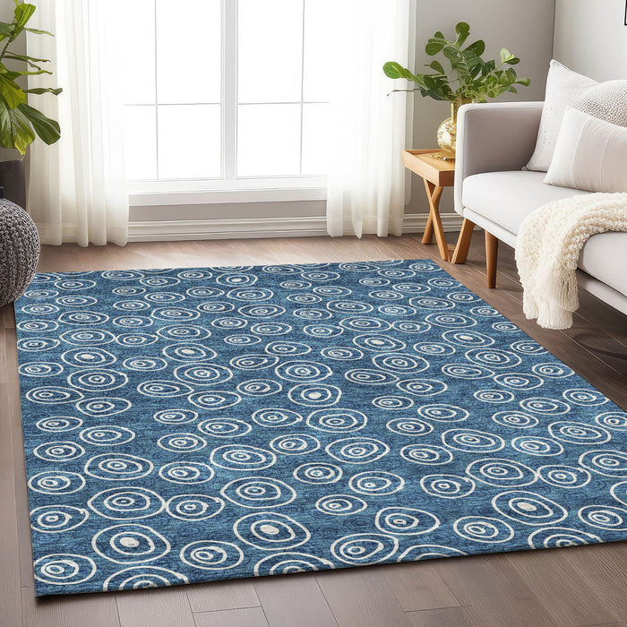 9' X 12' Polka Dot Washable Area Rug With UV Protection - Blue And Ivory