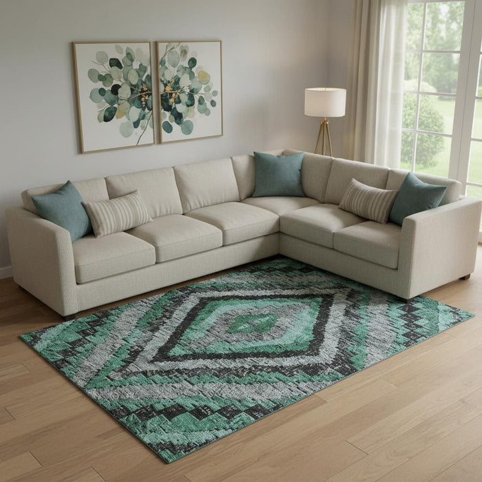 10' X 14' Diamond Washable Area Rug With UV Protection (707083) - Pale Aqua / Charcoal / Gray