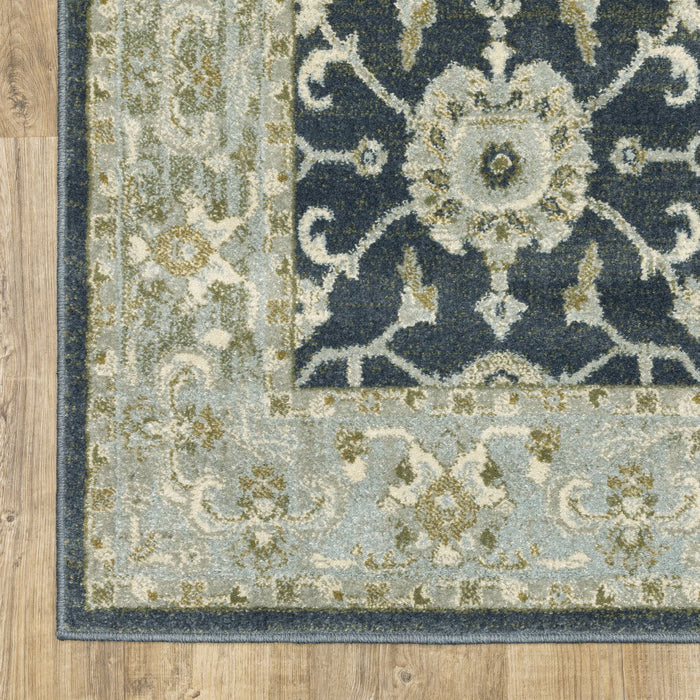8' x 10' Oriental Power Loom Stain Resistant Area Rug - Teal Blue Ivory Green And Gray
