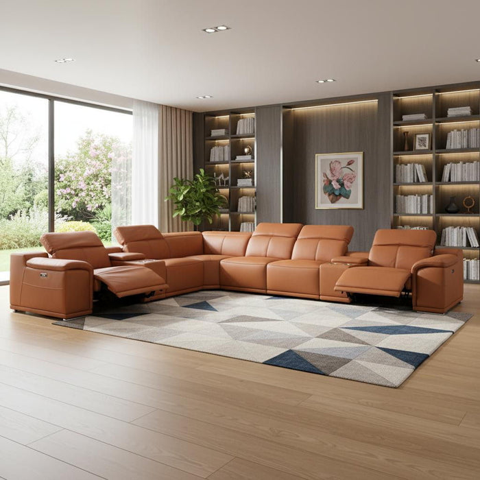 Italian Leather Power Reclining Eight Piece Corner Sectional With Console - Camel