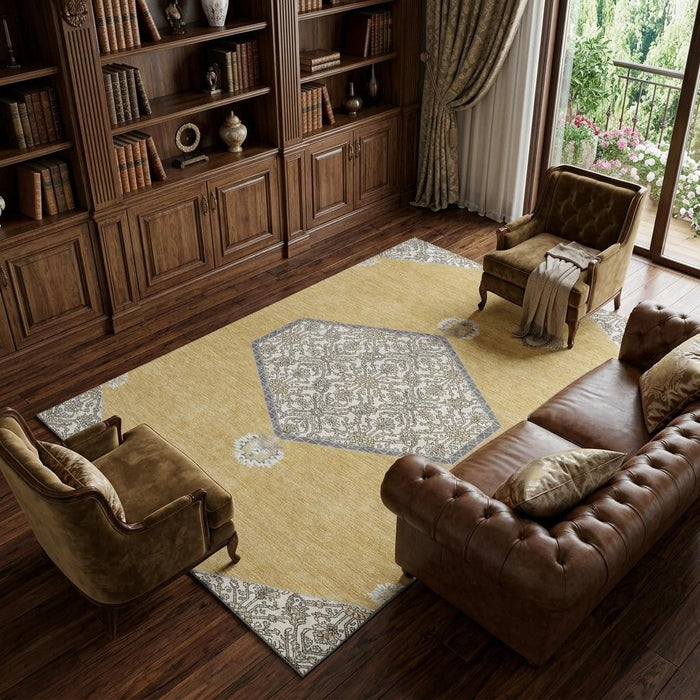 10' X 14' Oriental Washable Area Rug With UV Protection (679360) - Gold / Ivory / Gray