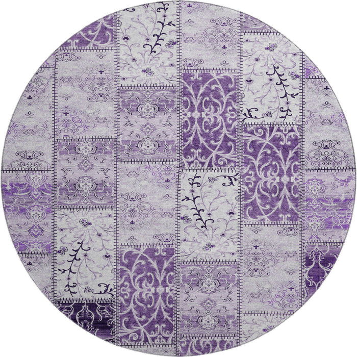 8' Patchwork Distressed Washable Round Rug With UV Protection (649579) - Purple / Ivory