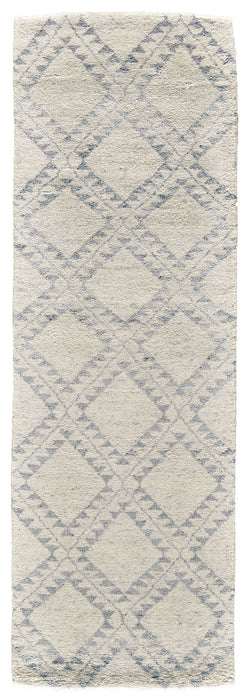 8' Geometric Hand Knotted Worn Faded Runner Rug - Gray And Ivory
