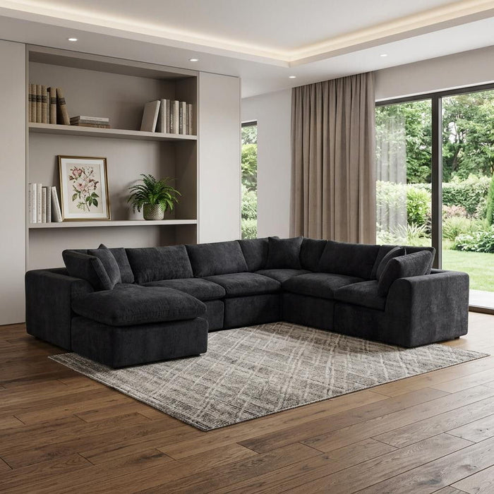 Chenille Modular Sofa Chaise With Ottoman Toss Pillows (725207) - Black