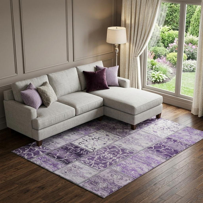 10' X 14' Patchwork Distressed Washable Area Rug With UV Protection (649582) - Purple / Ivory