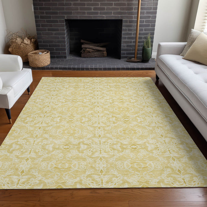 10' X 14' Medallion Washable Area Rug Polyester With UV Protection - Gold And Ivory