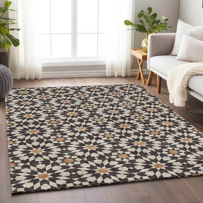 8' X 10' Copper Geometric Washable Area Rug With UV Protection - Charcoal