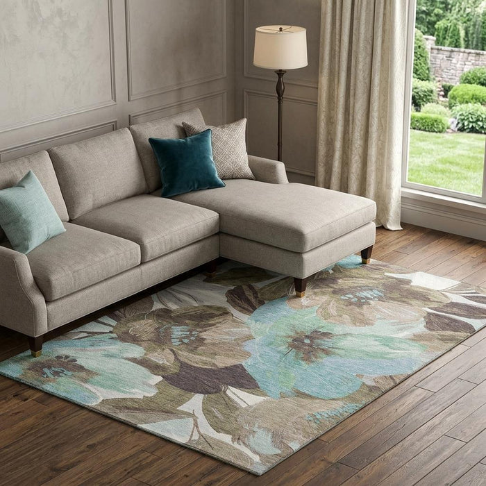10' X 14' Floral Washable Area Rug With UV Protection (693984) - Khaki / Teal / Green