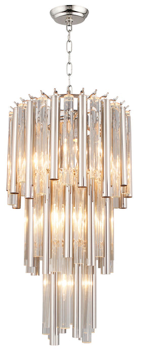 Silver metal chandelier with seven crystal glass shades, modern statement lighting fixture by HomeRoots.