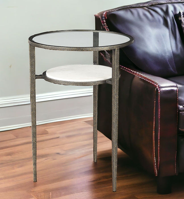 Glass And Metal Round End Table With Shelf - Bronze And Clear