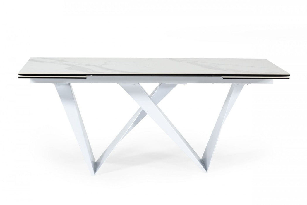 Ceramic Metal Self-Storing Leaf Pedestal Base Extendable Dining Table - White