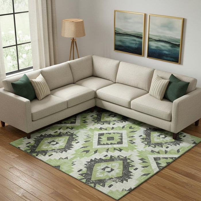 10' X 14' Southwestern Washable Area Rug With UV Protection (706589) - Artichoke Green / Charcoal / Ivory