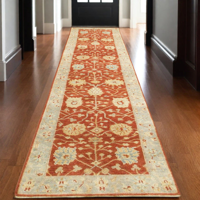 10' Wool Oriental Hand Knotted Runner Rug - Red And Gray
