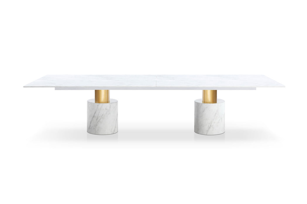 Marble Steel Double Pedestal Base Dining Table - White / Gold