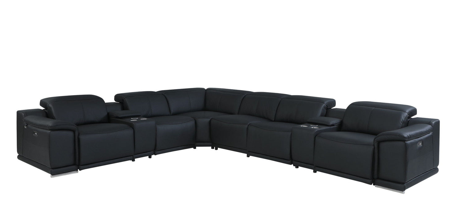 Italian Leather Power Reclining U Shaped 8 Piece Corner Sectional With Console - Black
