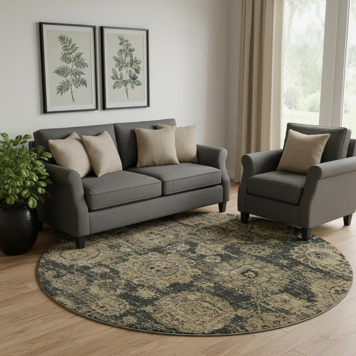 8' Floral Washable Round Rug With UV Protection (653191) - Charcoal / Brown