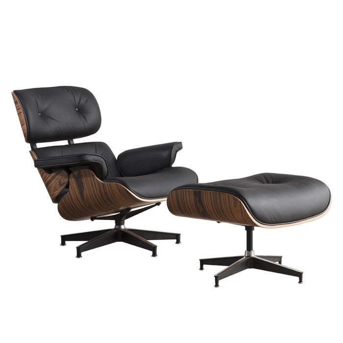 Black tufted leather swivel lounge chair with matching ottoman from HomeRoots, featuring a brown and black design and plush cushioning.
