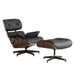 Black tufted leather swivel lounge chair with matching ottoman from HomeRoots, featuring a brown and black design and plush cushioning.