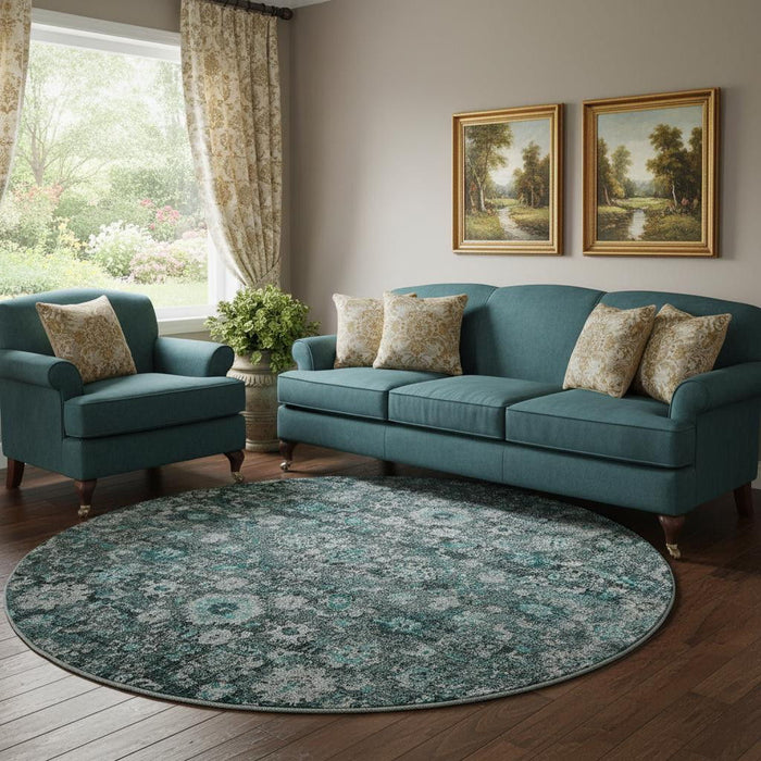 8' Oriental Washable Round Rug With UV Protection (653800) - Teal / Aqua