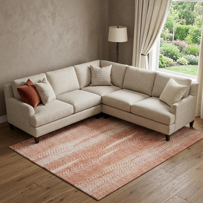 9' X 12' Striped Washable Area Rug With UV Protection (656524) - Coral / Ivory