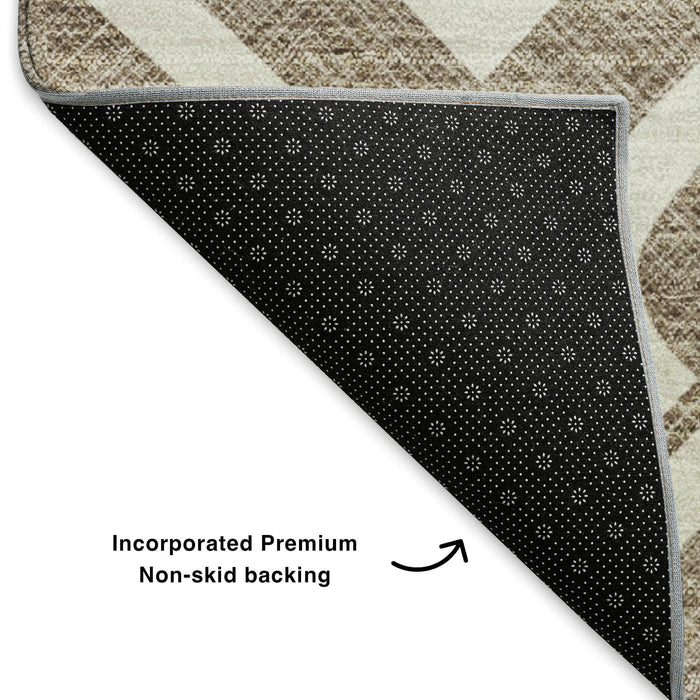 8' Geometric Washable Round Rug With UV Protection (652482) - Brown / Ivory