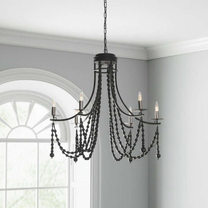 Candle Style Six Light Metal And Beads Dimmable Chandelier - Black
