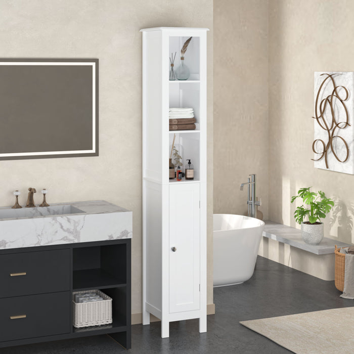 White Giga slim tall linen bathroom storage cabinet with adjustable shelves and anti-tip design, freestanding for bathroom organization.