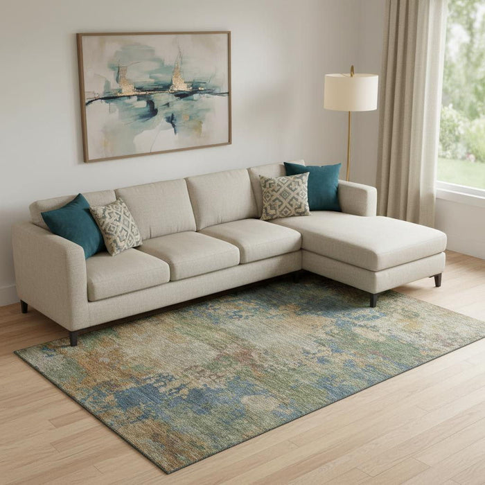 10' X 14' Abstract Washable Area Rug With UV Protection (716996) - Denim Blue / Beige