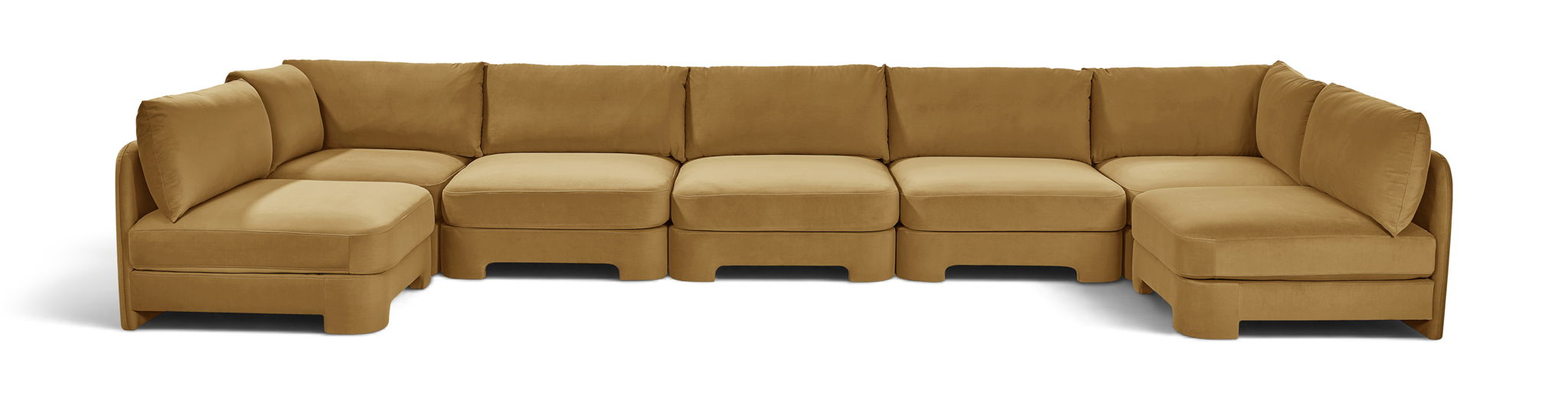 Meridian Furniture Hammond velvet performance fabric 7-piece U-shaped armless sectional sofa in a stationary living room setting.