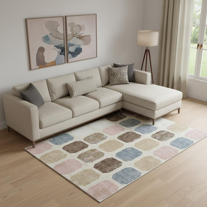 10' X 14' Geometric Washable Area Rug With UV Protection (709210) - Linen / Ivory / Brown