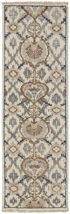 8' Wool Floral Hand Knotted Stain Resistant Runner Rug - Ivory Gray And Taupe