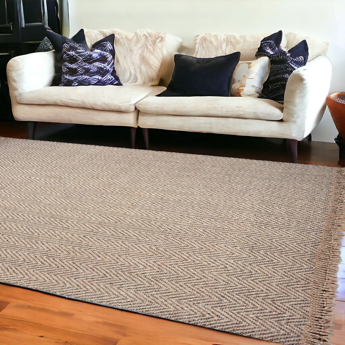 9' x 12' Hand Woven Herringbone With Braided Fringe Indoor Area Rug - Oatmeal Beige