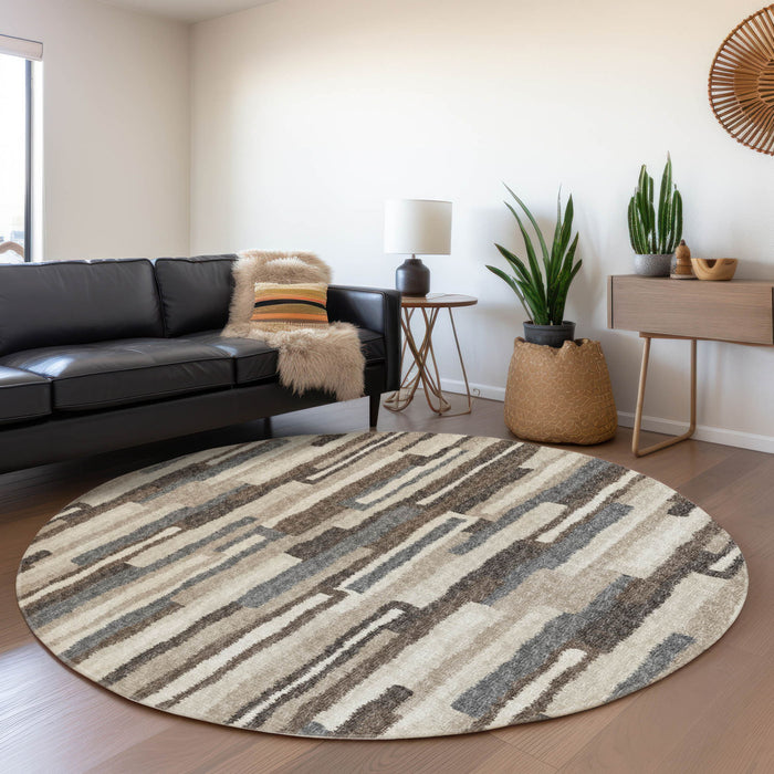 8' Transitional Abstract Washable Round Rug With UV Protection - Brown