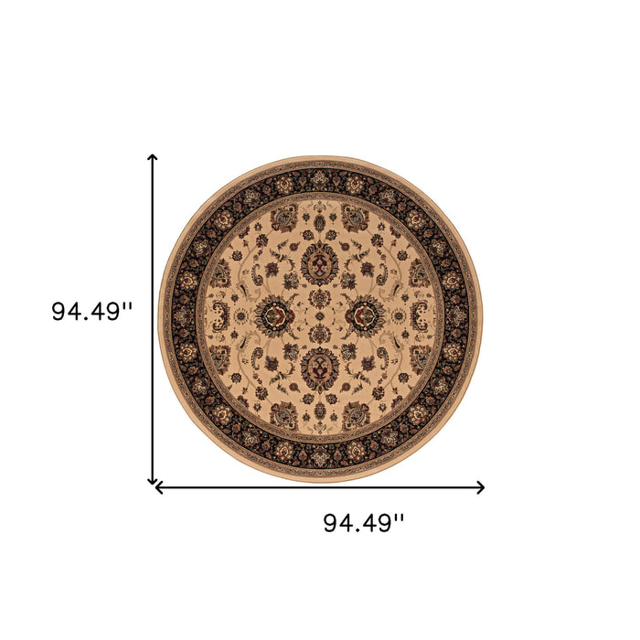8' Oriental Round Rug - Ivory And Black