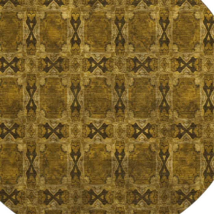 8' Floral Medallion Washable Round Rug With UV Protection (649471) - Chocolate / Gold