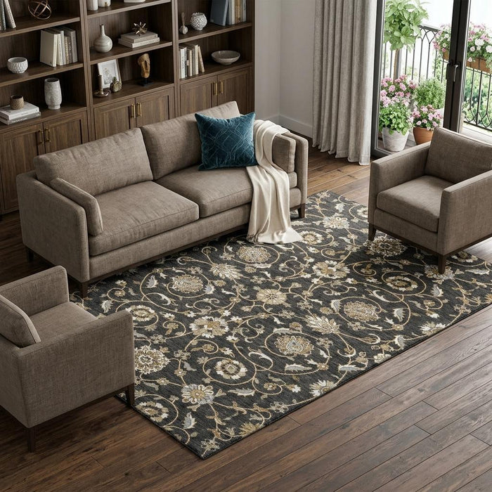 10' X 14' Moroccan Washable Area Rug With UV Protection (686801) - Black / Ivory / Gray